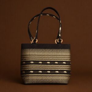 Vintage Black w/ Gold Elephant Woven Handmade handbag from Turkey 90's